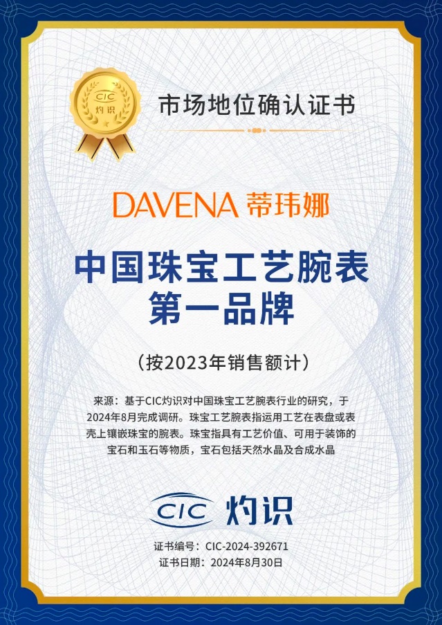 DAVENA蒂玮娜获CIC灼识咨询“中国珠宝工艺腕表第一品牌”市场地位认证