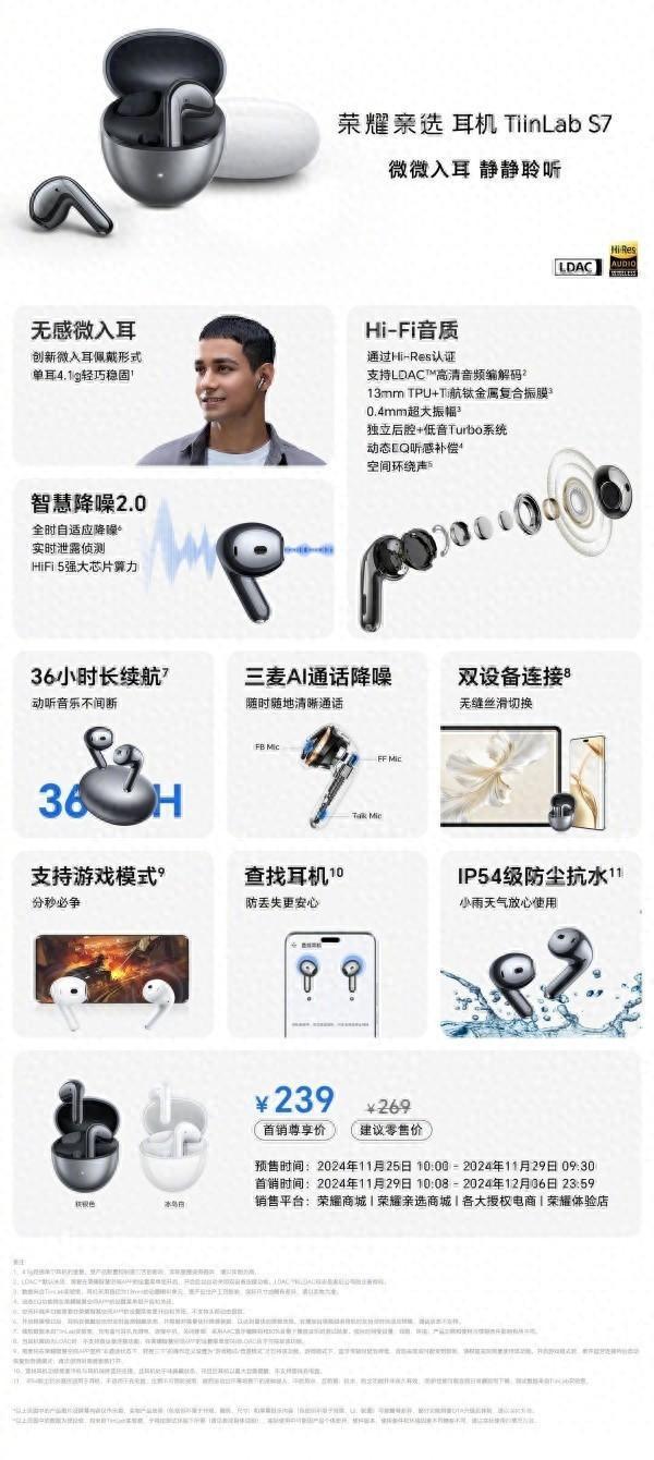 荣耀亲选耳机TiinLabS7开启预售：微入耳+降噪269元
