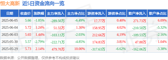 股票行情快报：恒大高新（002591）6月5日主力资金净卖出28950万元